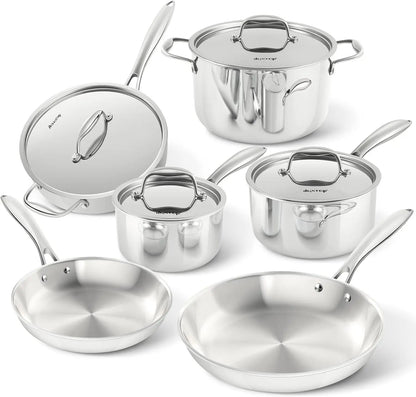 Whole-Clad Tri-Ply Stainless Steel Induction Cookware Set, 10PC Kitchen Pots and Pans Set