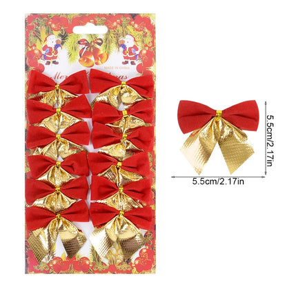 12/24pcs Christmas Bow Red Gold Mini Xmas Tree Bowknot Pendant Ornaments for Home Decoration Navidad New Year Party DIY Gifts