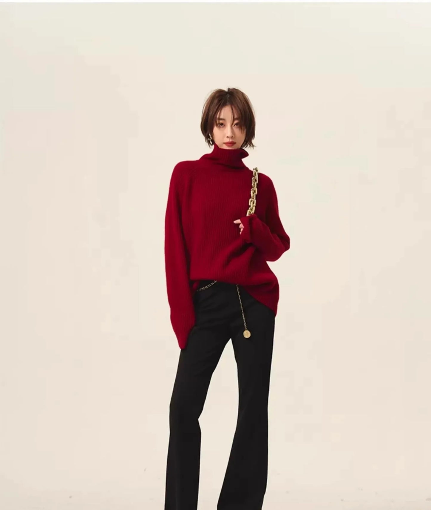 Turtleneck 100% cashmere sweater women loose thickening age reduction niche vintage red crewneck sweater women long sleeves