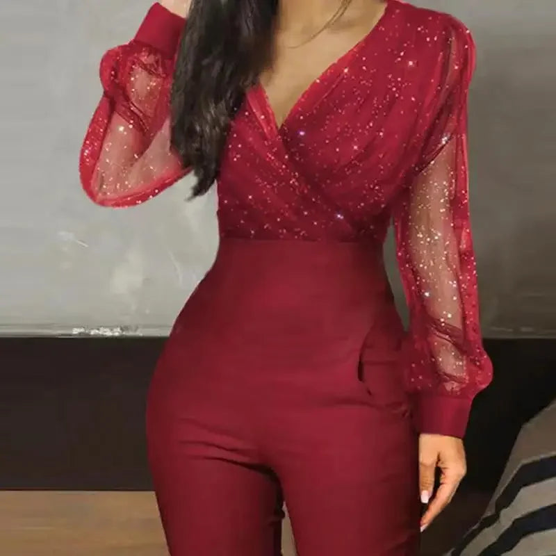 Women Sexy Jumpsuits Sequins Full Sleeved V Neck Lace Rompers Midi Waist Pants One Piece Overalls Solid Straight Trousers