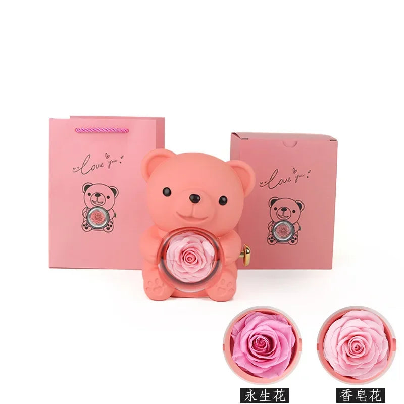 Valentine's Day Rose Hug Bear Jewelry Box Preserved Real Rose Gifts for Girlfriend Women Wife Mother's Day Birthday Anniversary