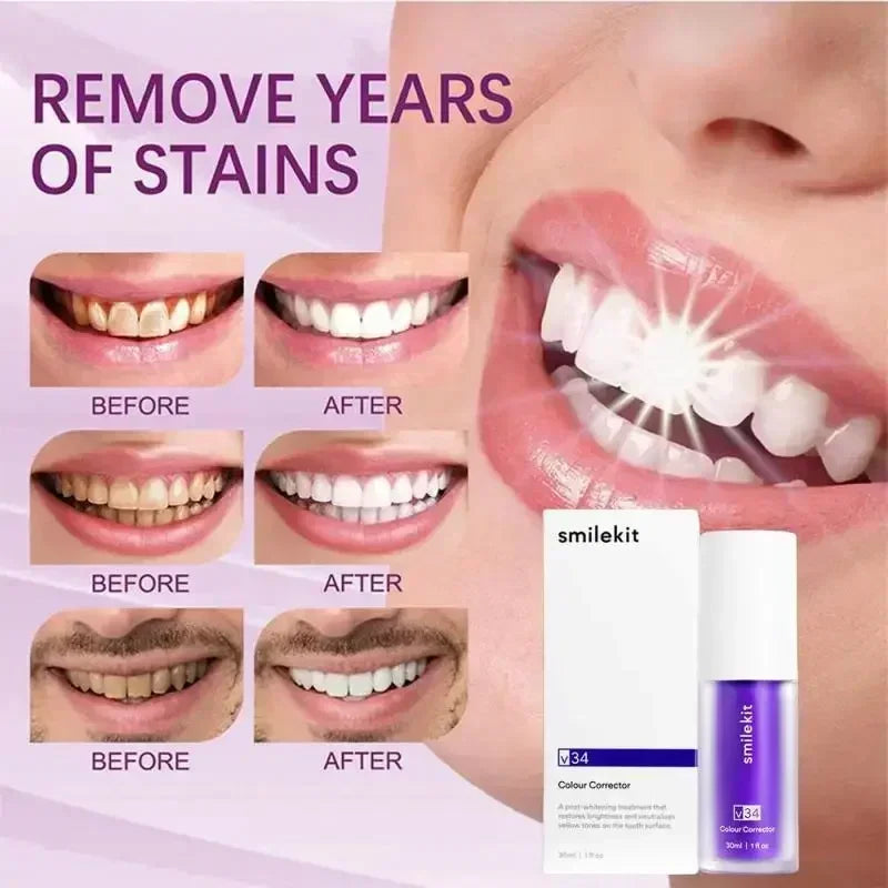 V34 30ml Purple Whitening Toothpaste Remove Stains Reduce Yellowing Care For Teeth Gums Fresh Breath Brightening Teeth New