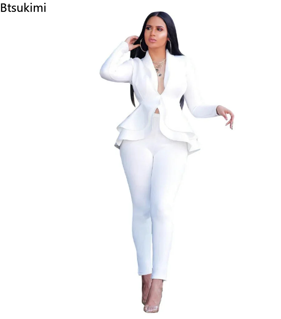 2024 Women's Formal Set 2PCS Tracksuit Full Sleeve Ruffles Blazers Pencil Pants Suit Two Piece Set Office Lady Outfits Uniform