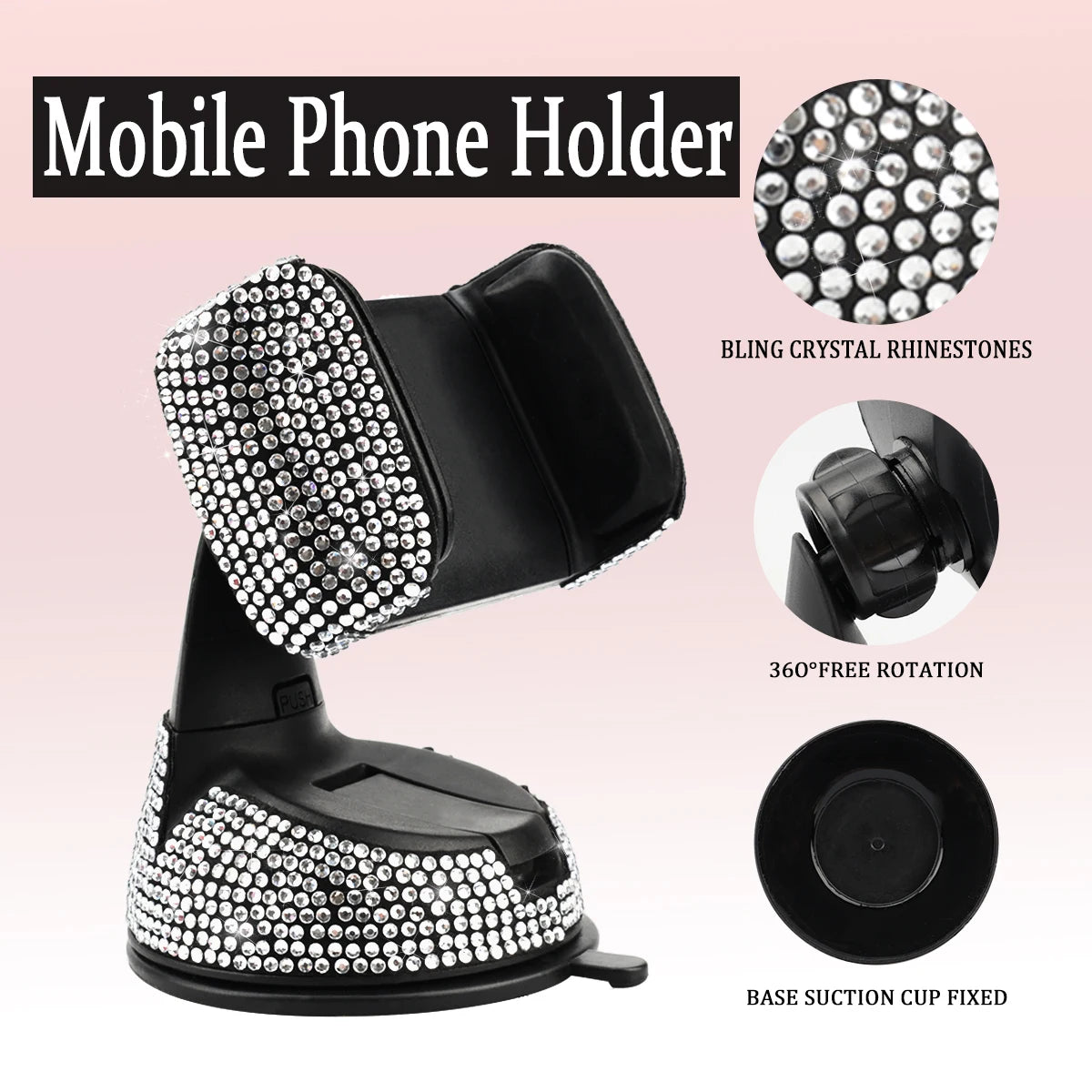 1pc Rhinestone Decor Car Phone Holder Durable Stylish Construction for Safe Driving 360° Rotation & Dashboard Suction Cup Mount!