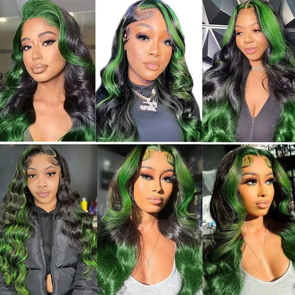 13x6 HD Lace Frontal Wigs Highlight Green Body Wave Lace Front Wig 30 Inch Body Wave Human Hair Wigs Ombre 4X4 Lace Closure Wigs