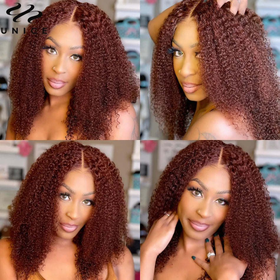 UNICE Hair Bye Bye Knots 7x5 Lace Wig Human Hair Reddish Brown Kinky Curly Wigs Pre Cut Pre Bleached Glueless Wig Ready To Wear