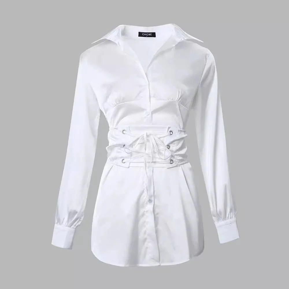 Women's Clothing Fashion Solid Color White Lace-up Shirt Dress Long Sleeve Summer Mini Dress Sexy