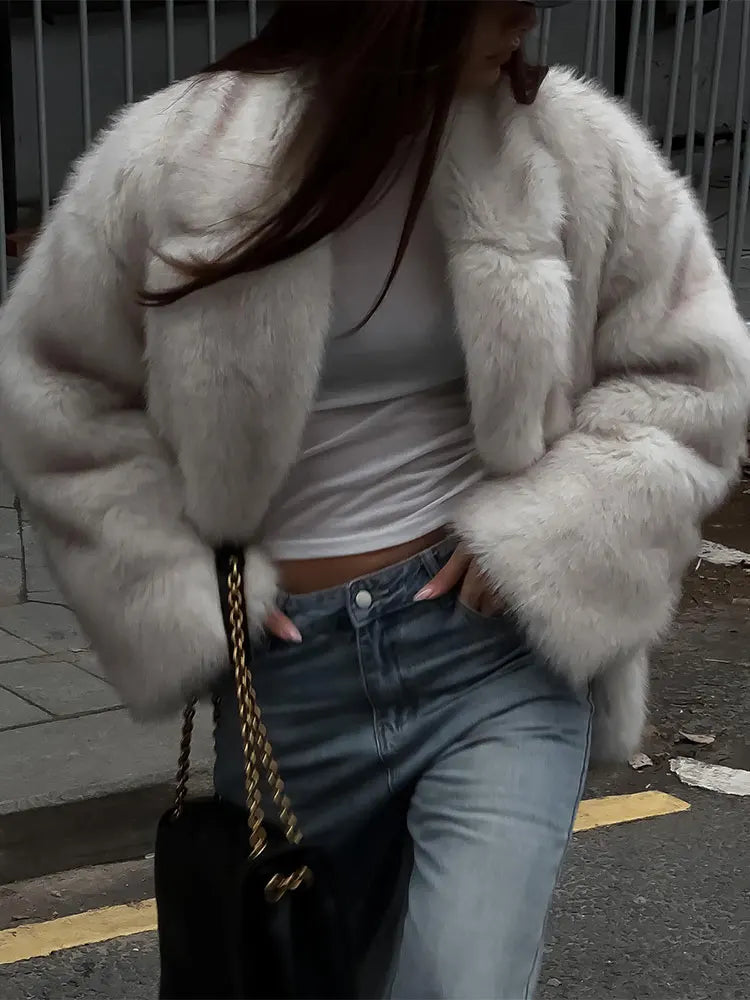 Women Fashion Faux Fur Coats Vintage Solid Lapel Loose Long Sleeve Warm Flurry Coats Autumn Winter Lady Fashion Thick Streetwear