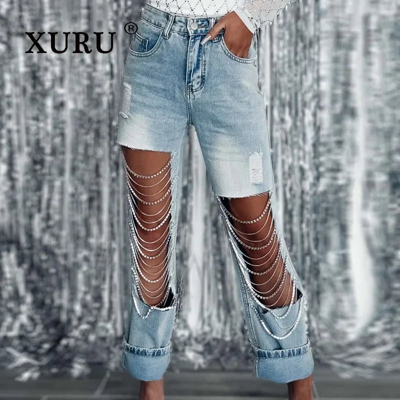 XURU - European and American New Big Hole Jeans Women's Wear, Chain Hanging Straight Length Jeans K82-3286