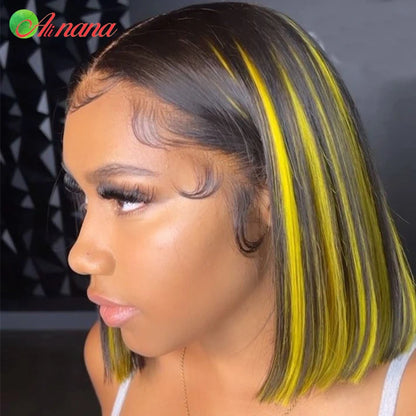 Transparent Straight Bob 13x4 Lace Frontal Wig Peruvian Highlight Yellow Pink Blue Colored Short Bob Human Hair Wig For Women