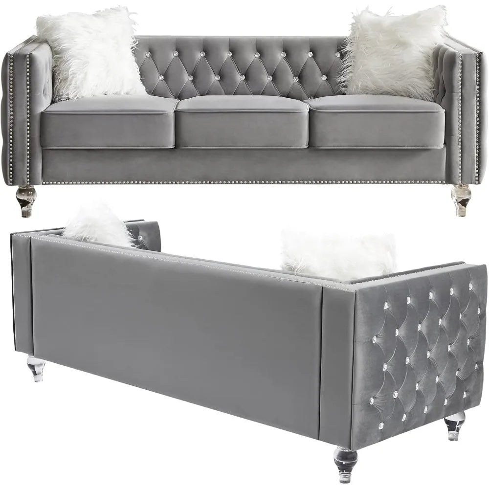 Velvet Sofa Couch 83 Inch Long Modern Sofa with Acrylic Legs and 2 Pillows, Jeweled Buttons Tufted Couch Modern Decor Furniture