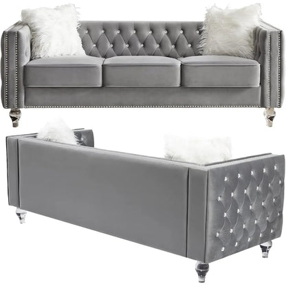 Velvet Sofa Couch 83 Inch Long Modern Sofa with Acrylic Legs and 2 Pillows, Jeweled Buttons Tufted Couch Modern Decor Furniture