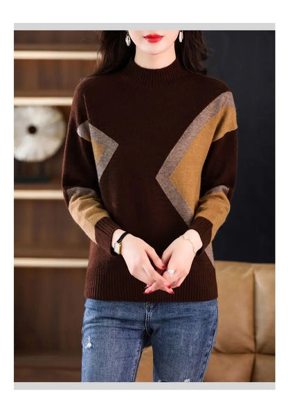 Velvet and Thickened Women's Top 2024 New Autumn/Winter Korean Edition Color Block Knitted Half High Neck Sweater