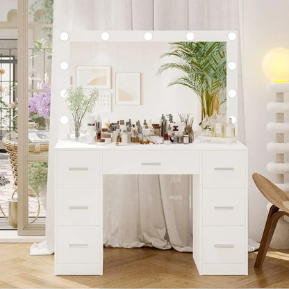 Vanity Desk, Lighted Mirror, 3 Color Lighting Modes, Dressing Table with Drawers, Bedroom Vanity Table Set for Women