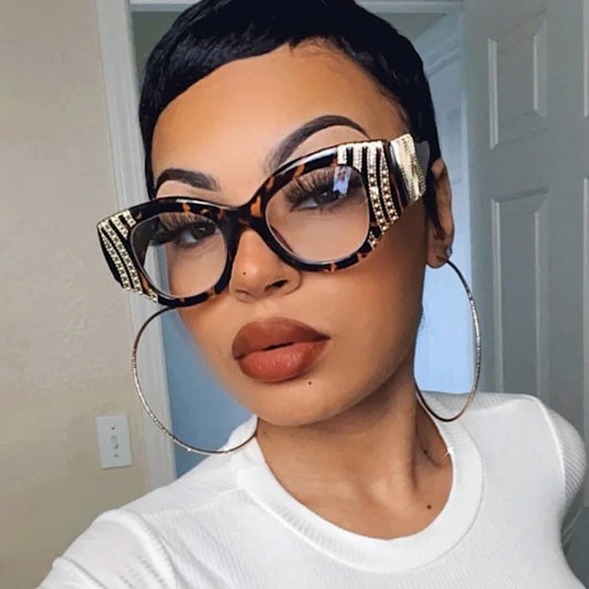 Vintage Anti Blue Light Cat Eye Glasses Women For Female Luxury Brand Designer Myopia Prescription Optical Metal Chain Big Frame