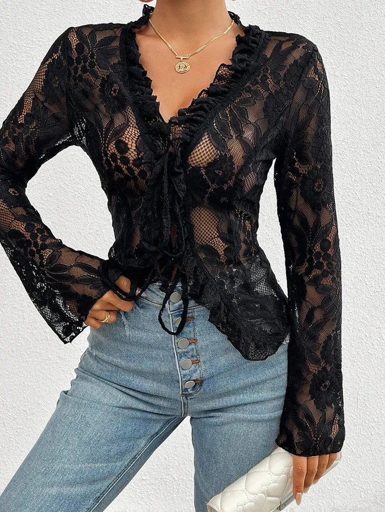 Women's Summer Long Sleeve Lace See-through Sexy Blouse,Shirts & Blouses,Women Clothing,Womens Tops And Blouses,Tops For Women