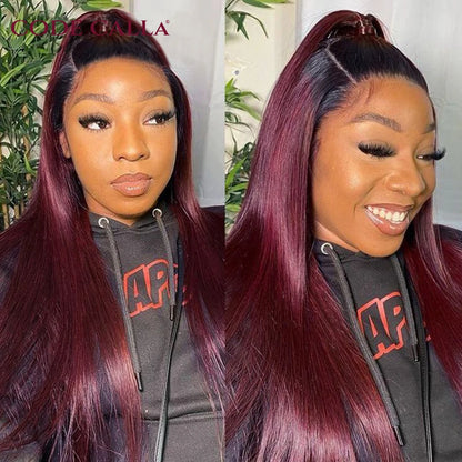 1B 99J 13x4 Lace Front Wig Straight Burgundy Frontal Human Hair Wig Brazilian Remy Pre Plucked Ombre Wine Red 180% On Sale