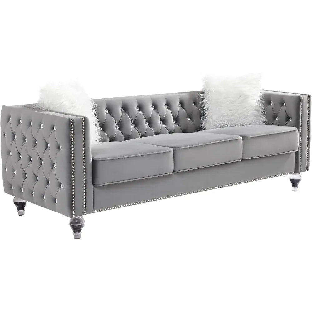 Velvet Sofa Couch 83 Inch Long Modern Sofa with Acrylic Legs and 2 Pillows, Jeweled Buttons Tufted Couch Modern Decor Furniture