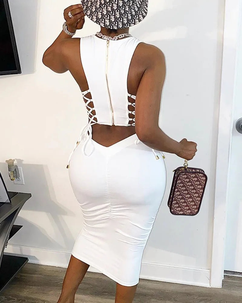 Women Sexy Cut Out Lace-Up White Dress 2023 Summer Ladies Elegant Fashion Female Zipper Design Sleeveless Midi Bodycon Dresses