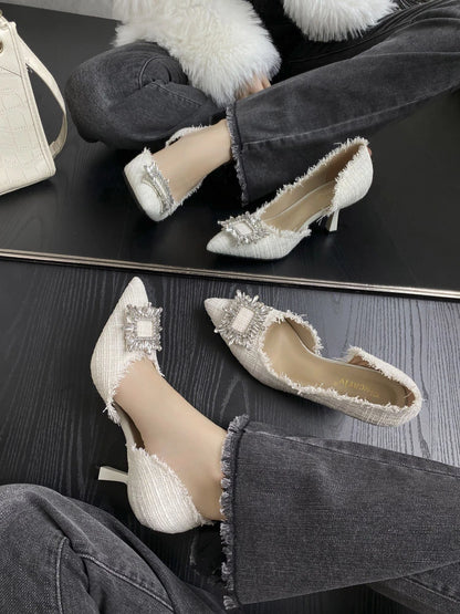 White Design Rhinestones Women Pumps Spring Fashion Pointed Toe Female Shallow High Heel Elegant Women's Work Dress Shoes