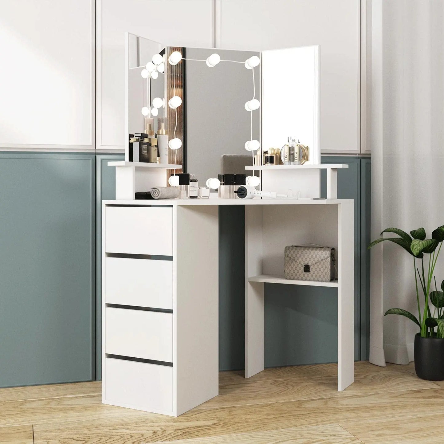 Vabches Corner Vanity Makeup Desk with Lights Tri-Fold Mirror Bedroom Vanity Table with Power Strip 4 Drawer Wood Dressing Table