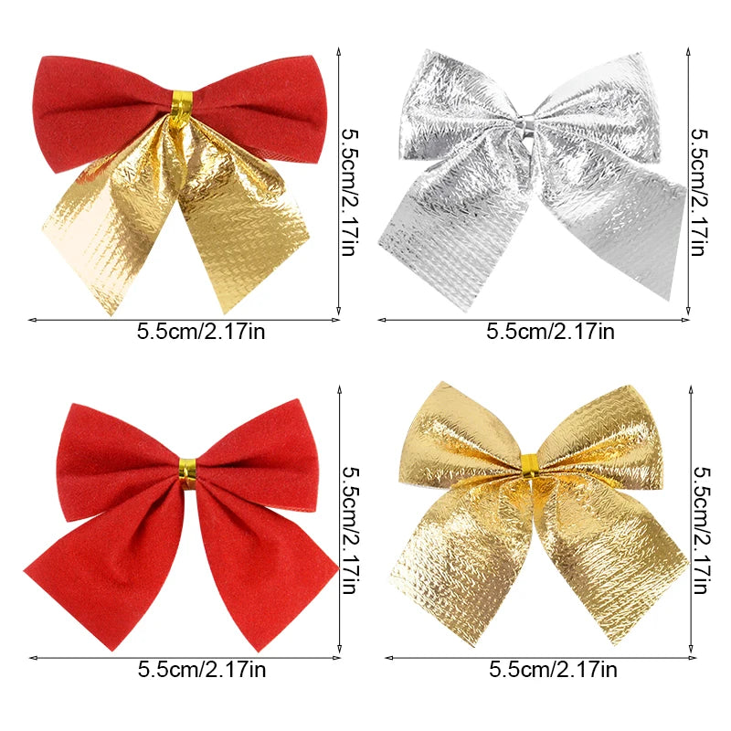 12/24pcs Christmas Bow Red Gold Mini Xmas Tree Bowknot Pendant Ornaments for Home Decoration Navidad New Year Party DIY Gifts