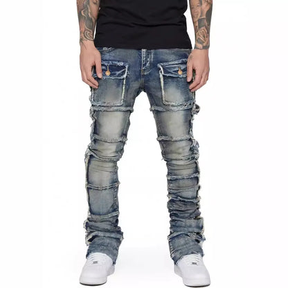 Trendy Men Jeans, European and American Fashionable Workwear with Patch, Elastic, Laminated and Slightly Flared Men Denim Pants.