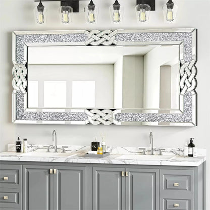 Wisfor Crushed Diamond Wall Mirror Rectangular Glass Silver Vanity with Decorative Glam Bling Crystal Frame Edge