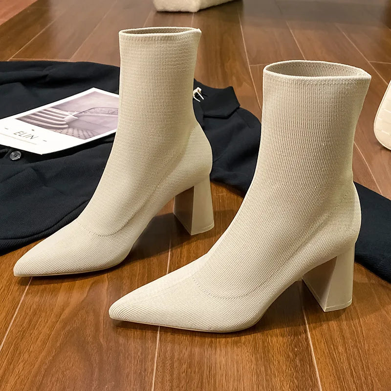 Women Boots High Heels Heeled Elastic Sock Boots 2023 Winter Fashion Pointed Toes Heel Women Chunky Heel Woman Shoes Pale Beige