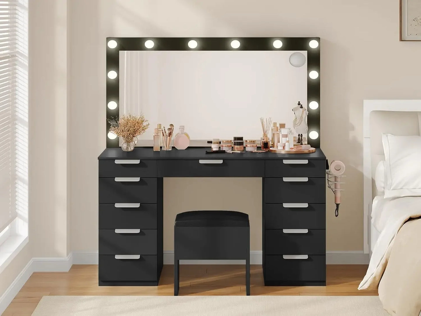 Vanity with LED-Lit Mirror & Electrical Socket, Cosmetic Vanity Station with 11 Compartments and Magnifier, 46'' Dressing Table