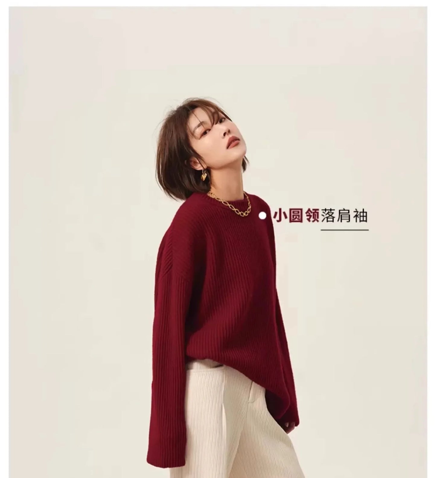 Turtleneck 100% cashmere sweater women loose thickening age reduction niche vintage red crewneck sweater women long sleeves