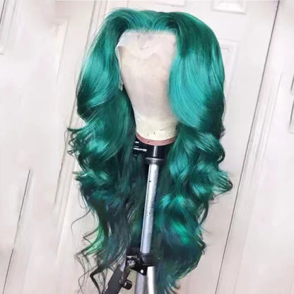 WIF Emerald Green Synthetic Lace Front Wig Long Body Wave Teal Green Heat Fiber Lace Wigs for Fashion Women Makeup Cosplay Wear