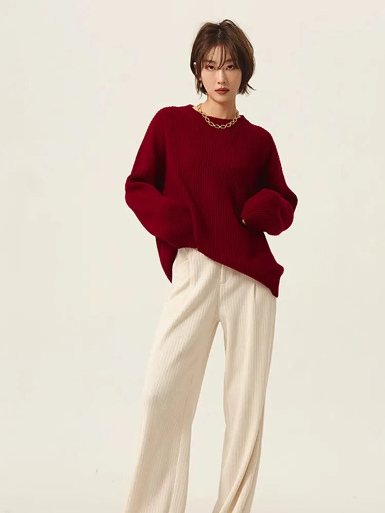 Turtleneck 100% cashmere sweater women loose thickening age reduction niche vintage red crewneck sweater women long sleeves