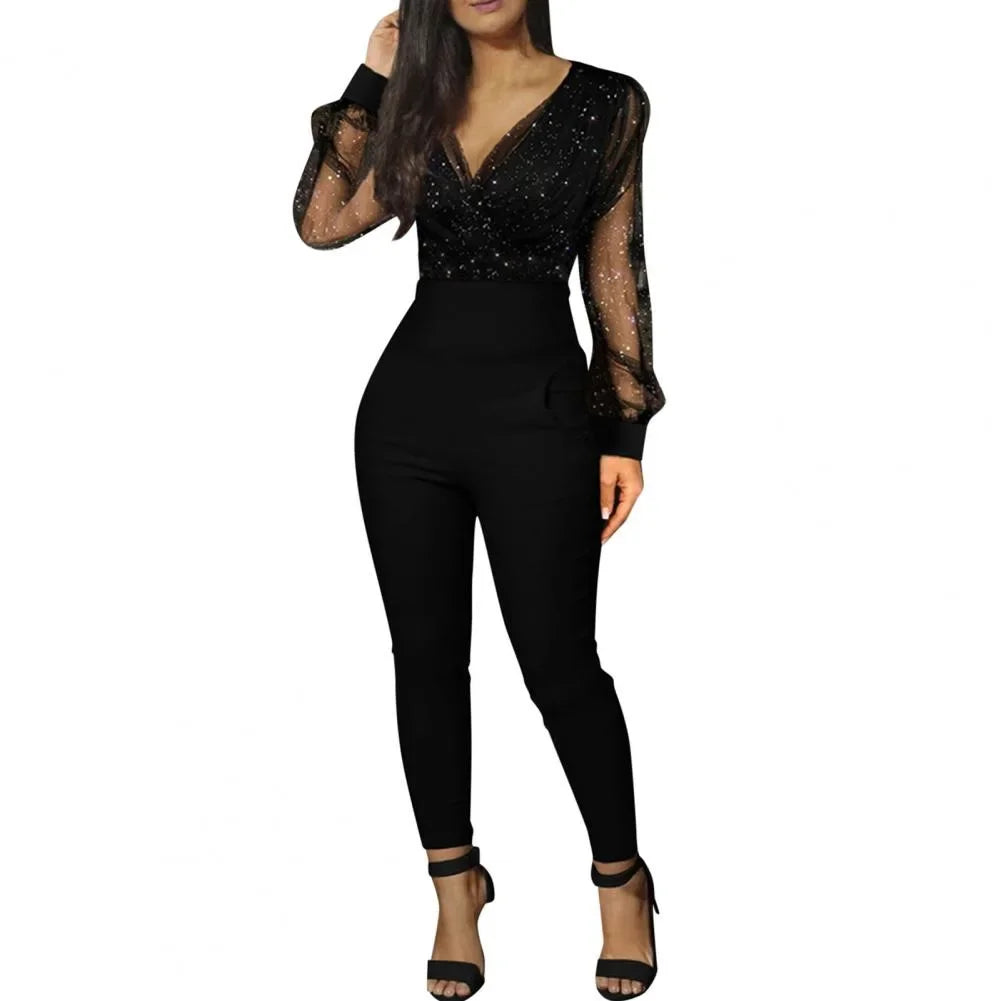 Women Sexy Jumpsuits Sequins Full Sleeved V Neck Lace Rompers Midi Waist Pants One Piece Overalls Solid Straight Trousers