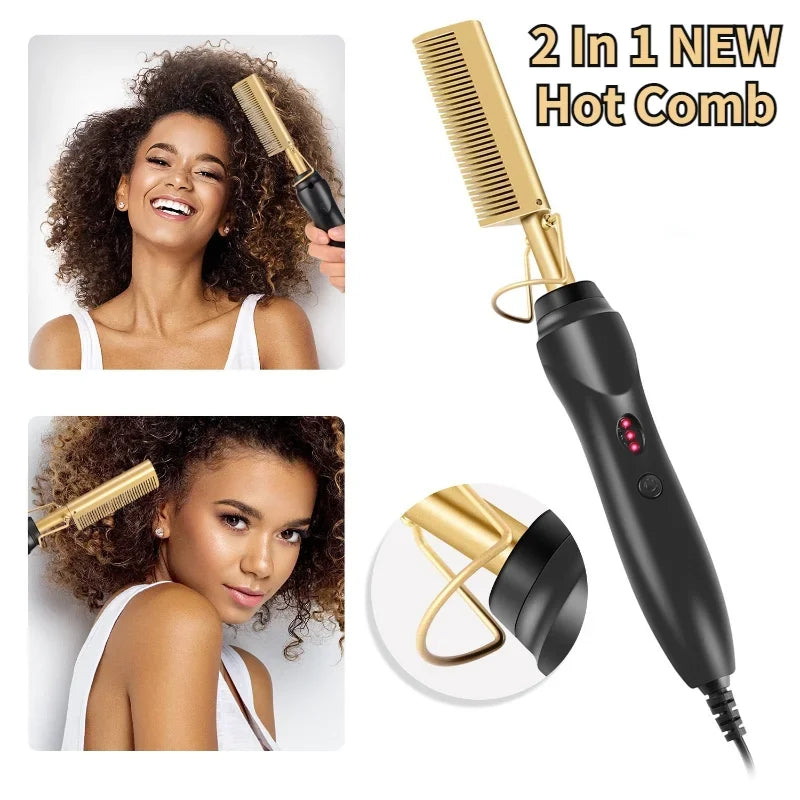 2 in 1 Electric Hot Heating Comb Hair Straightener Curler Wet Dry Hair Iron Straightening Brush Hair Styling Tool