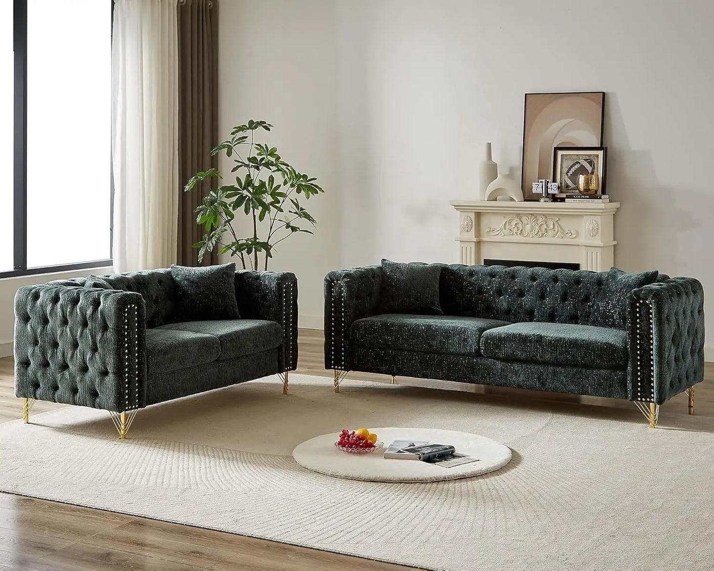 2 Piece Living Room Furniture Sets, Modern Chenille Couch and Loveseat Sofa Set, Upholstered Buttons Tufted 3 Seater Sofa