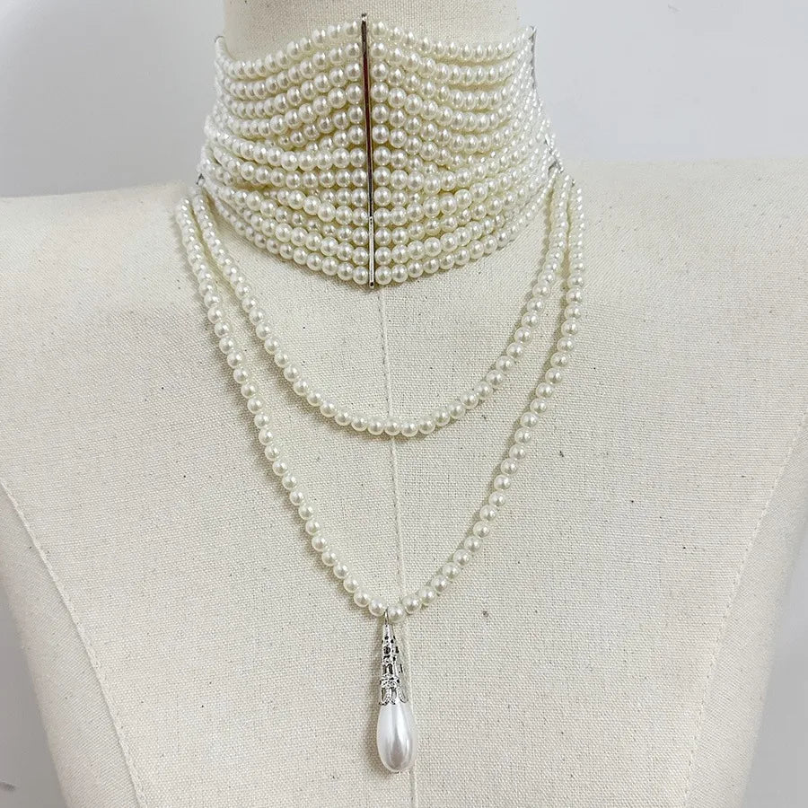 Vintage Handmade Multi-layer Pearl Tassels Choker Collar Chain Necklace