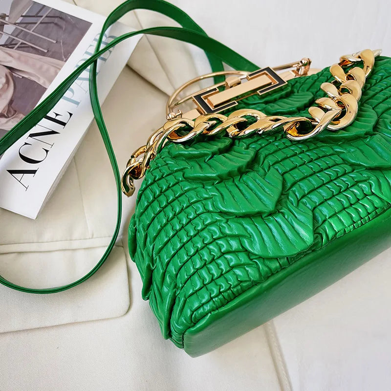 2023 Luxury Women Pink Green Pleat Shoulder Bags Gold Thick Chain Messenger Bags Totes PU Leather Handbags Lady Evening Clutch