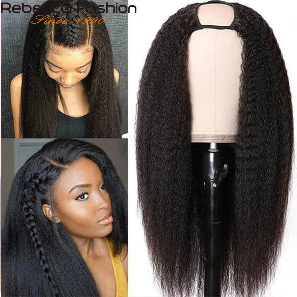 Yaki Straight U Part Wigs for Black Women Kinky Straight U Part Wig Human Hair Short Black Brown U Part Wig Kinky Straight Clip