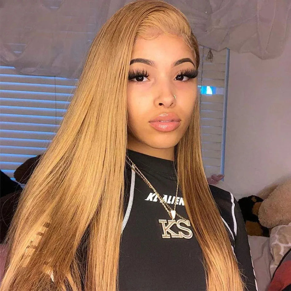 Tuneful Honey Blonde Colored Human Hair Lace Frontal Wigs Straight 180% 13x4 HD Transparent Lace Front Human Hair Wigs For Women