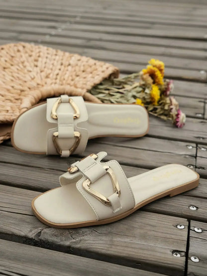 Women Metal Decor Single Band Flat Sandals Fashion Sexy Open Toe Outdoors Slides Luxurious Office Ladies Party Female Shoes