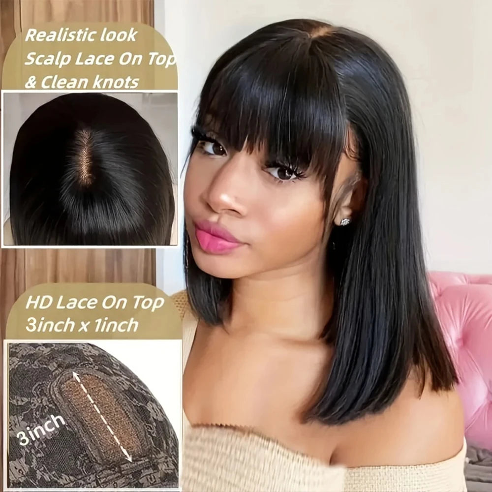 100% Human Hair Short Bob Wig with Bangs 3x1 HD Lace Wigs For Black Women Brazilian Straight Wig Bob Human Hair Wig