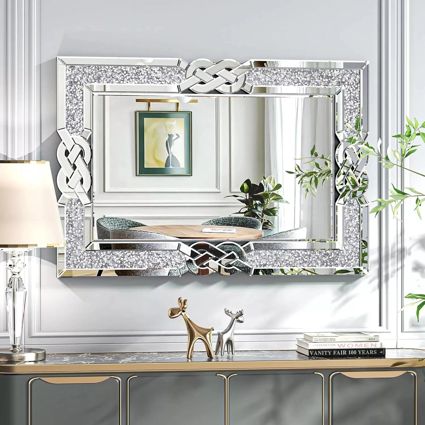 Wisfor Crushed Diamond Wall Mirror Rectangular Glass Silver Vanity with Decorative Glam Bling Crystal Frame Edge