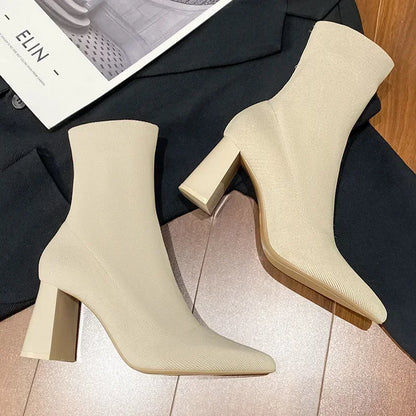 Women Boots High Heels Heeled Elastic Sock Boots 2023 Winter Fashion Pointed Toes Heel Women Chunky Heel Woman Shoes Pale Beige