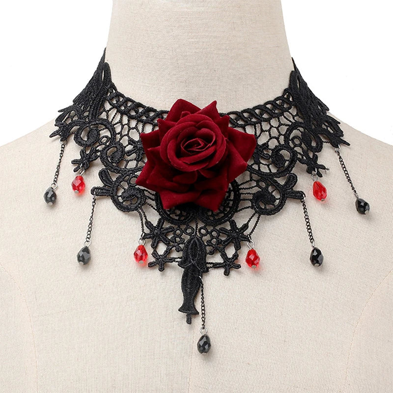 Vintage Flower Charm Pendant Choker Necklace for Women Gothic Lace Tassel Clavicle Chain Jewelry