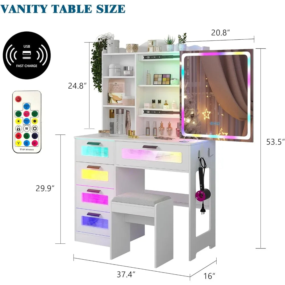 Vanity Desk with Lights and Sliding Vanity Mirror, Makeup Vanity Desk with Charging Station, Vanities Dressing Table with Stool