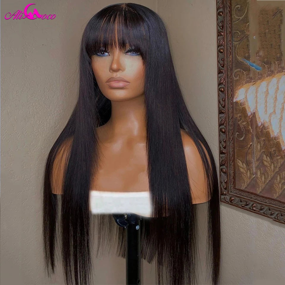 13x4 Straight Lace Front Wig With Bang Natural Color Transparent Lace Frontal Wigs Human Hair Wig With Bangs For Women Remy Wig