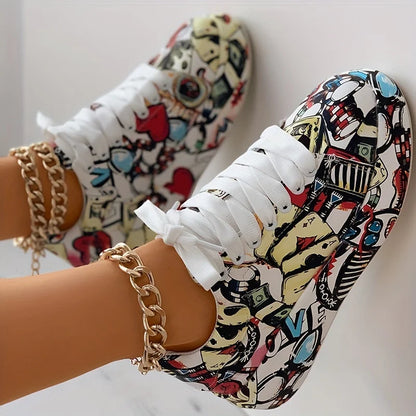 Women's graffiti print sneakers, fashion lace-up low-top platform sneakers, casual skateboard shoes