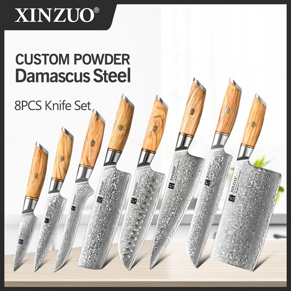 XINZUO 1-8pcs Kitchen Knife Set 73 Layers Custom Damascus Steel 15°±1 Per Side Steel Blade with Olive Wood Handle