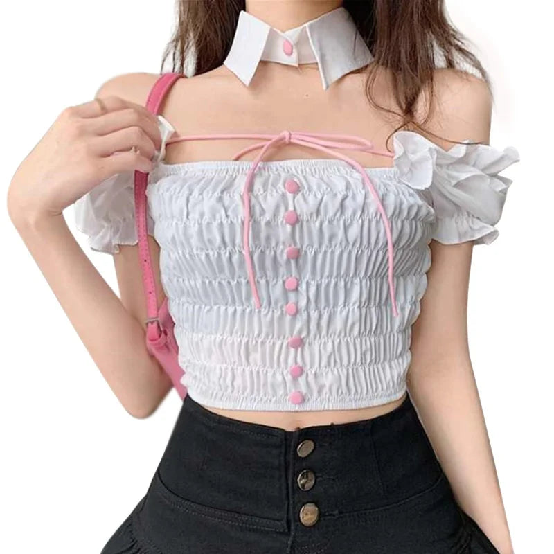 Women's T-shirts Slim Fitting Tie upace up Fashion Sexy Top Wood Ear Edge Lapel Sweet Blouse